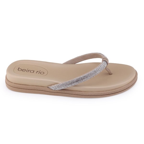 Chinelo Beira Rio Flat papete tiras strass glitterPrata/Bege
