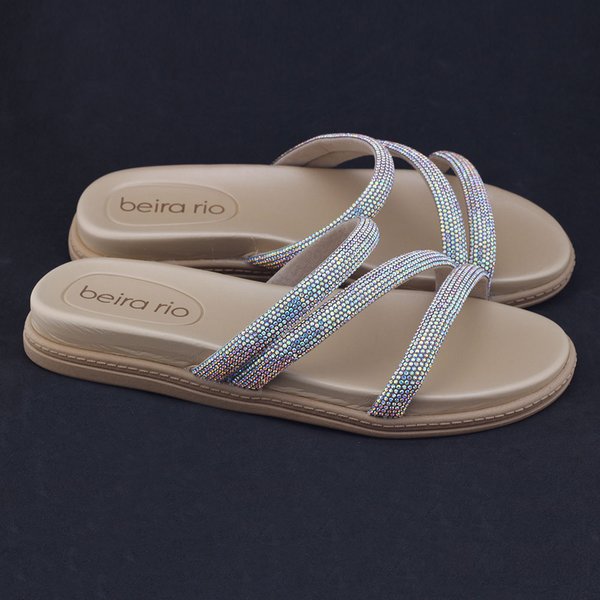 Chinelo Beira Rio Flat papete tiras strass brilhoAurora Boreal