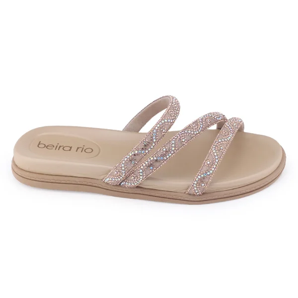 Chinelo Beira Rio Flat papete tiras strass cristalOuro/Rosado