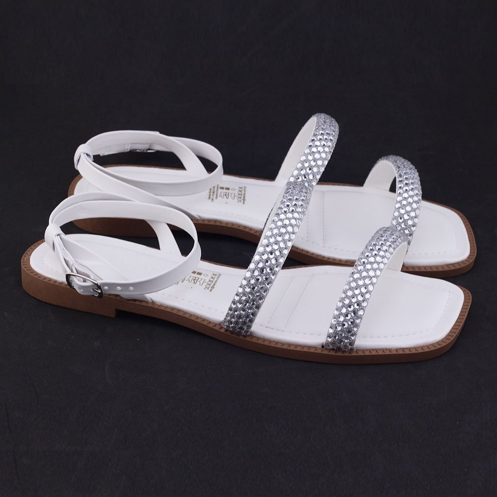 Sandália Tanara T6786 rasteira tira strass metalizada white Branco