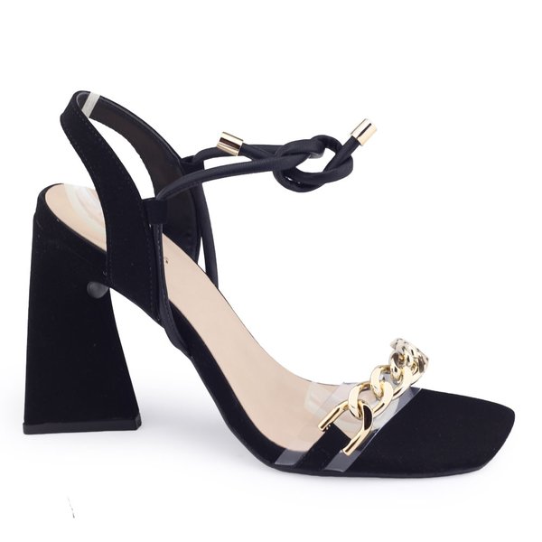 Sandália Bebecê T8635 salto alto geométrico tira correntePreto