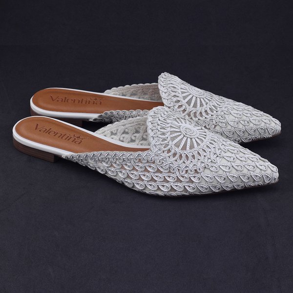 Mule feminino Valentina 373206 bico fino tela trabalhadoGelo