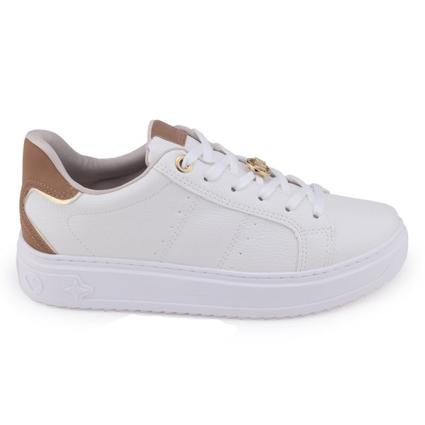 Tênis Feminino Via Marte 055-001 dourado cadarçoBranco/Camel