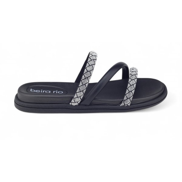Chinelo Beira Rio Flat papete tiras strass cristal PRETO